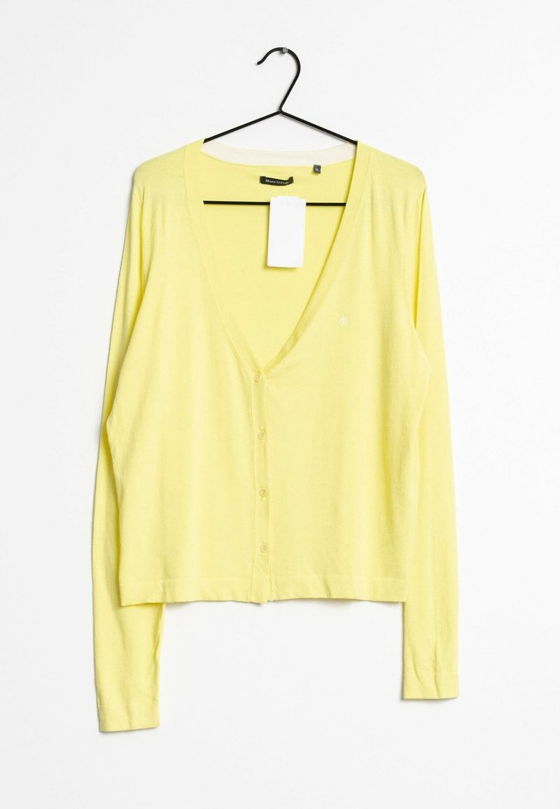 Žlutý kardigan s dlouhým rukávem, výstřihem do V, zapínáním na knoflíky a malým logem. Lehká texturovaná látka s neformálním střihem.