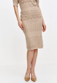Dopasowana spódnica ołówkowa z dzianiny w jasnym beżu, zdobiona różnymi teksturowanymi wzorami. Połączona z czółenkami na przezroczystych paskach o szpiczastym nosku.
