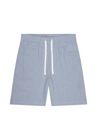 Blauwe en witte gestreepte shorts met een elastische tailleband en witte trekkoord. Gemaakt van een lichtgewicht stof, met een casual, ruime pasvorm.