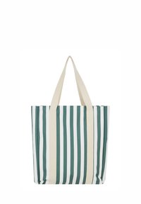 Canvas draagtas met groene en witte verticale strepen, twee crèmekleurige hengsels en een rechthoekige vorm.