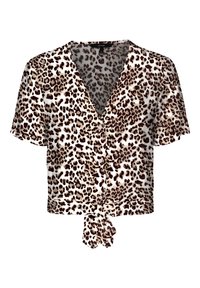 Blusa a maniche corte con stampa leopardata in marrone e crema. Presenta un scollo a V e un dettaglio frontale annodato. Tessuto leggero con una consistenza liscia.