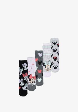 Cinque paia di calzini con vari design, tra cui Topolino e Minni, pois e fiocchi, nei colori nero, grigio, rosa e bianco.