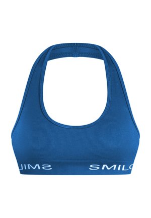 Blauwe geribbelde sportbeha met een ronde halslijn en brede bandjes. Heeft een contrasterende witte logoband aan de onderkant. Gladde textuur, aansluitend ontwerp.