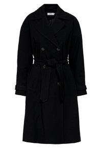 Abrigo trench de doble botonadura negro hecho de tejido, con cintura ajustada, amplio cuello y detalles en los puños. Textura suave con cierres de botón.