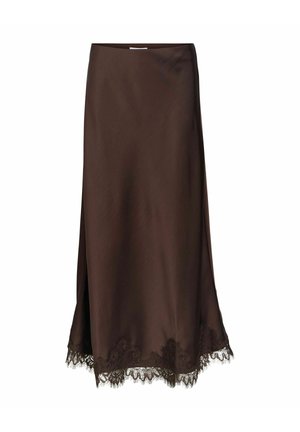 Jupe en satin marron avec un délicat bord en dentelle florale à l'ourlet, présentant une silhouette droite et un éclat subtil. Texture lisse sur toute la surface.