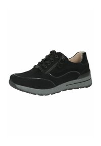 Black suede sneaker with a padded tongue, lace closure, side zip, reflective accents, and a grey rubber sole. Classic athletic design.