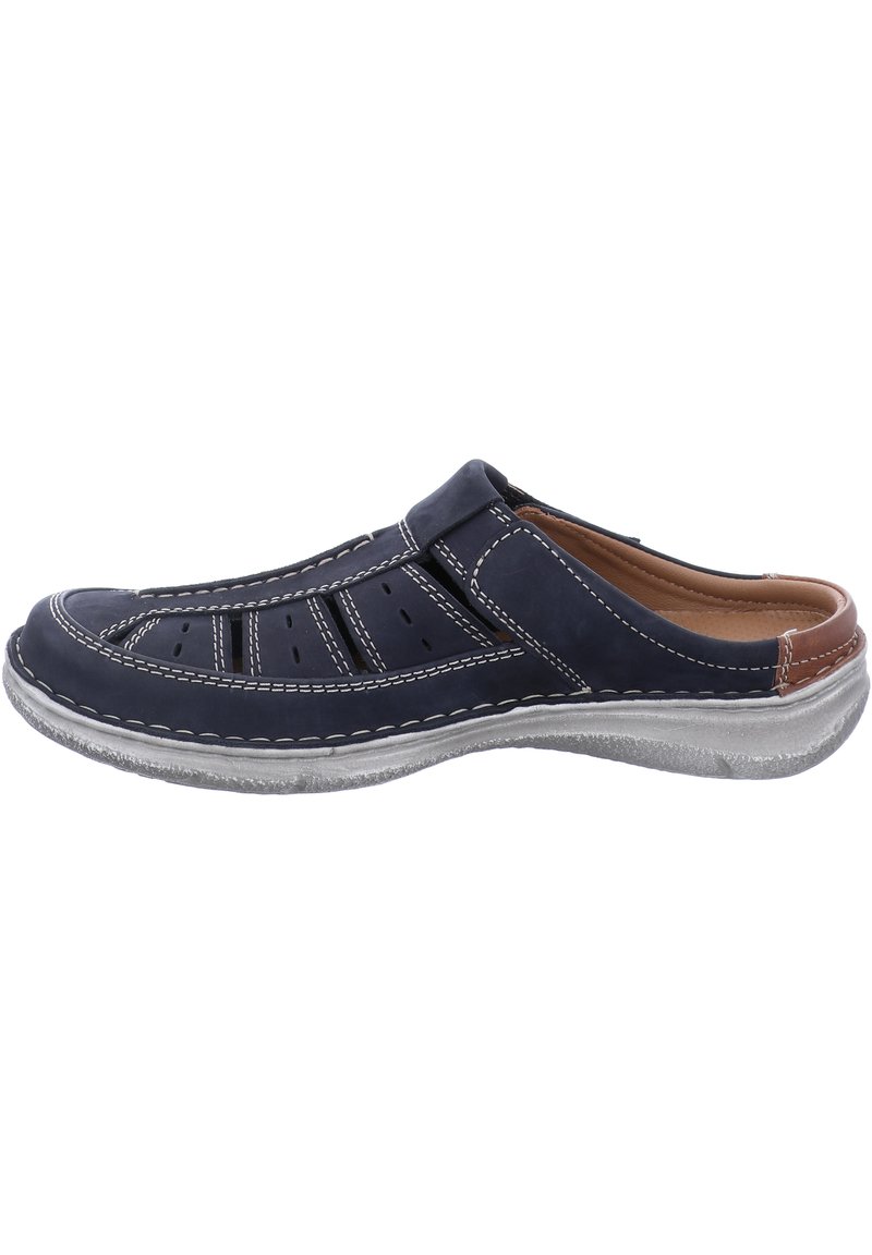 Navy blue leather clogs with perforated detailing, white stitching, and a textured light gray sole. Back accented with brown leather.