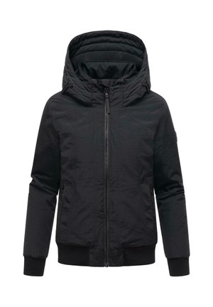 Veste à capuche noire avec fermeture éclair à l'avant, poignets côtelés et capuche matelassée. Fabriquée en tissu texturé, elle comporte deux poches latérales.