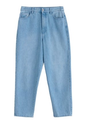 Light blue denim trousers with a high waist, straight-leg cut, and a smooth texture. Features five pockets and a button closure.
