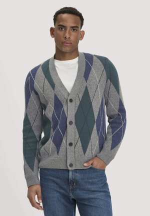 Junger Mann trägt eine graue, blaue und grüne Argyle-Strickjacke über einem weißen Hemd und blauen Jeans, steht mit einer Hand in der Tasche.