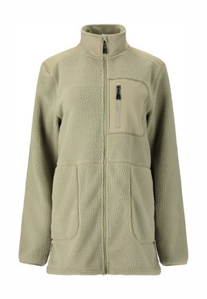 Lichtgroene fleece jas met volledige ritssluiting, hoge kraag, twee zakken aan de voorkant en een ritszak aan de linkerkant van de borst.