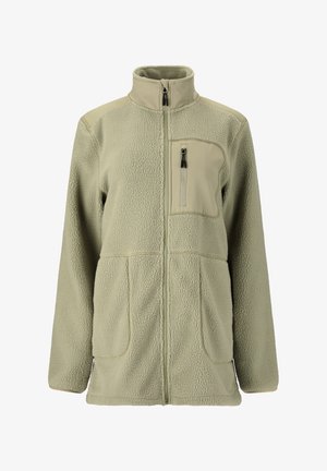 Light green full-zip fleece jacket with high collar, two front pockets, and a zippered chest pocket on the left side.