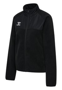 Giacca in fleece nera con colletto alto, chiusura a zip e pannelli texture sulle spalle. Caratterizzata da un logo bianco sul lato sinistro del petto.