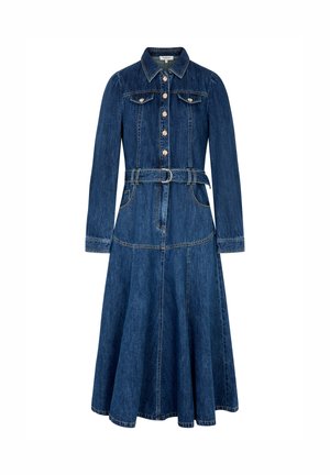 Abito midi in denim blu scuro a maniche lunghe con colletto, chiusura frontale con bottoni, vita con cintura, tasche sul petto e gonna svasata.