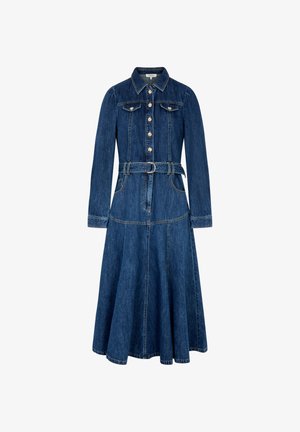 Robe midi en denim bleu foncé à manches longues avec col, fermeture boutonnée à l'avant, ceinture à la taille, poches poitrine et jupe évasée.