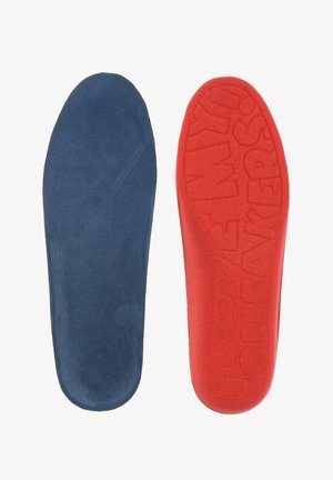 Two insoles; left is dark blue suede, right is red with textured "LOVE MY SNEAKERS" embossed. Both are shaped to fit inside shoes.