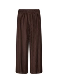 Wide-leg trousers in dark brown, featuring a textured, pleated fabric and an elastic waistband for comfort. Smooth surface with no embellishments.