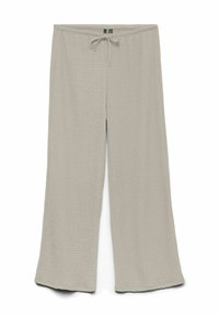 Lichtgrijze, wijde broek gemaakt van een textuurstof met een elastische tailleband en een trekkoord. Vlakke zoom en een losse pasvorm.