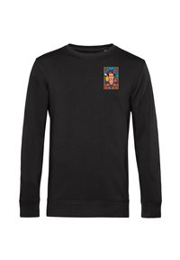 Sudadera negra de manga larga con un diseño impreso colorido en la parte superior izquierda. Confeccionada en una tela suave, cuenta con un cuello redondo y puños acanalados.