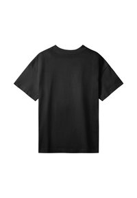Sort bomulds T-shirt, korte ærmer, rund halsudskæring, glat tekstur, enkelt design, ingen synlige mønstre eller grafik på bagsiden.