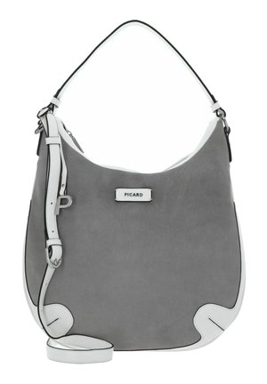 Grand sac à épaule en daim gris avec garniture en cuir blanc, bandoulière réglable et plaque logo "PICARD" centrée sur le devant.