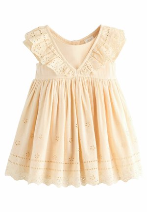 Robe pour enfants à manches courtes et col en V couleur jaune pâle. Présente des bordures en dentelle, une jupe froncée, des motifs à troutrous et un ourlet festonné. Tissu léger.