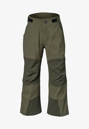 Olivgröna utomhusbyxor i lätt material med förstärkta knäskydd, sidofickor och justerbart midjeband för en bra passform.