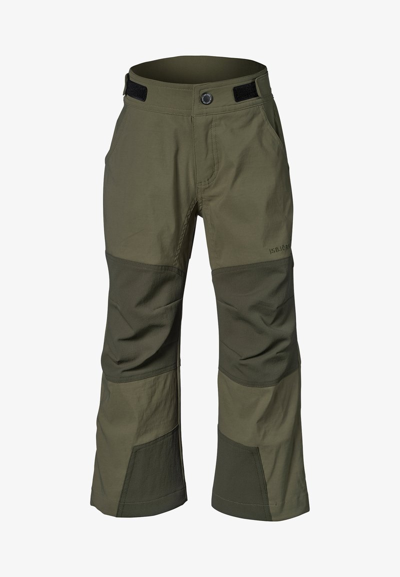 Oliven grønne udendørsbukser lavet af letvægtsstof med forstærkede knælapper, sidelommer og justerbar talje for optimal pasform.