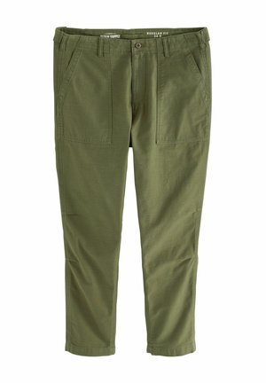 Groene broek van zacht katoen met een regular fit, voorzien van twee voorzakken en een platte voorkant. De stof heeft een gladde textuur.