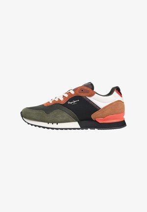 Athletic sneakers featuring a mix of materials including olive green suede, brown and black accents, white laces, and a red heel detail.