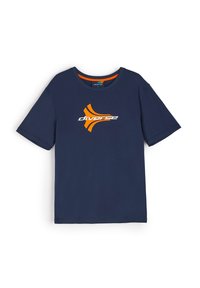 Granatowa bawełniana koszulka z krótkim rękawem, z wyraźnym pomarańczowym logo z przodu oraz okrągłym dekoldem.