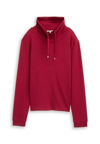 Bordeauxrotes, kurzes Sweatshirt mit hohem Kragen, langen Ärmeln und verstellbarem Kordelzug. Glatter, strukturierter Stoff mit minimalistischem Design.