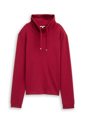 Bordeauxrotes, kurzes Sweatshirt mit hohem Kragen, langen Ärmeln und verstellbarem Kordelzug. Glatter, strukturierter Stoff mit minimalistischem Design.