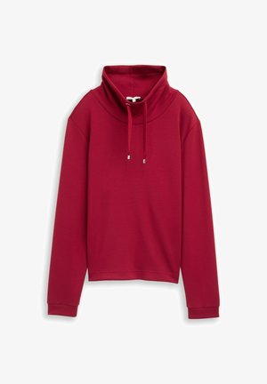Maroon cropped sweatshirt with a high collar, long sleeves, and adjustable drawstring. Smooth, textured fabric with a minimalistic design.