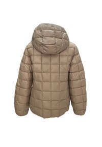 Giacca puffer beige con design trapuntato, dotata di cappuccio, maniche lunghe e una texture liscia e lucida. La vista posteriore evidenzia le cuciture prominenti.