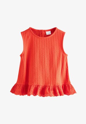 Mouwloze feloranje top met verticale ribbels en een gerimpelde zoom met oogjesdetails.