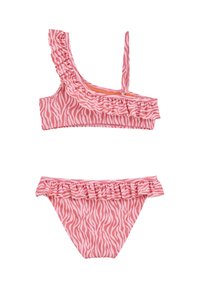 Maillot de bain deux pièces à rayures zèbres roses et corail avec des bords à volants, comprenant un haut asymétrique à une épaule et un bas de bikini froncé.