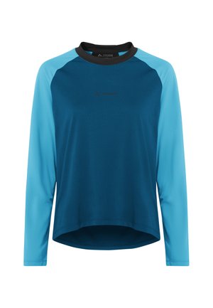 Langarm sportshirt met donkerteal lichaam, lichtblauwe mouwen en zwarte kraag, voorzien van het Vaude-logo in het midden van de borst.