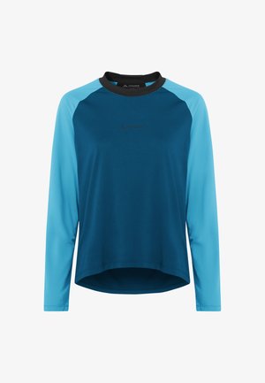 Langarm sportshirt met donkerteal lichaam, lichtblauwe mouwen en zwarte kraag, voorzien van het Vaude-logo in het midden van de borst.