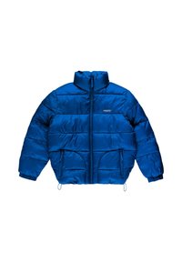 Niebieska pikowana kurtka z wysokim kołnierzem, zamek błyskawiczny z przodu i elastyczne mankiety. Posiada przeszywane poziome panele oraz dwie boczne kieszenie.