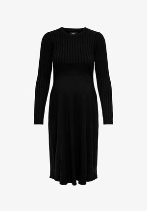 Zwarte gebreide zwangerschapsjurk met lange geribde mouwen, een aansluitend lijfje en een uitlopende rok. Zachte textuur en eenvoudig ontwerp.
