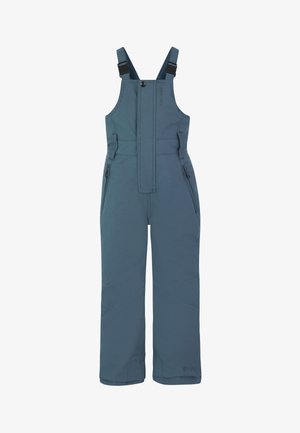 Modré vodeodolné snehové nohavice s nastaviteľnými popruhmi, predným zipsom, bočnými vreckami a spevnenými manžetami pre trvanlivosť a izoláciu.