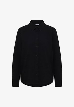 Schwarzes langärmliges Hemd mit Knopfleiste, spitzem Kragen, strukturierter Stoff und abgerundetem Saum, präsentiert auf weißem Hintergrund.