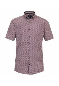 Kurzarmhemd in Rot mit einem geometrischen weißen Muster, mit einer Knopfleiste und einem klassischen Kragen. Weicher, texturierter Stoff.