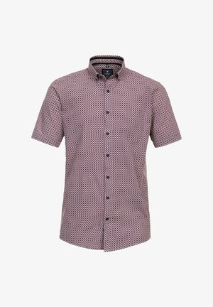 Short-sleeve shirt in red with a geometric white pattern, featuring a button-up front and a classic collar. Soft, textured fabric.