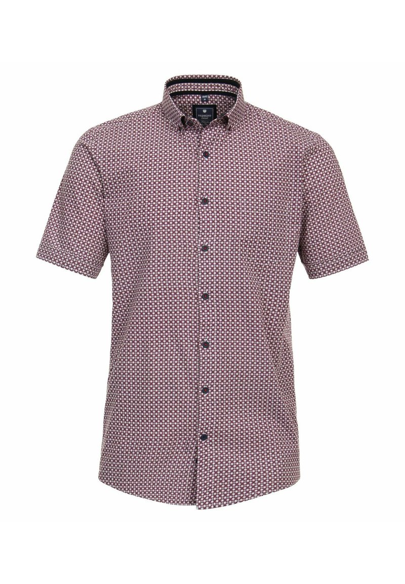 Kurzarmhemd in Rot mit einem geometrischen weißen Muster, mit einer Knopfleiste und einem klassischen Kragen. Weicher, texturierter Stoff.