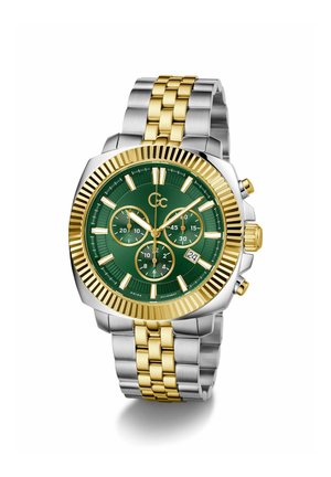 Men's chronograph watch with a green dial, gold accents, a stainless steel and yellow gold bracelet, and a date window at 6 o'clock.