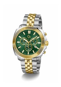 Metalluhr mit grünem Zifferblatt, goldenen Akzenten und einem Armband aus Silber und Gold. Verfügt über Chronographen-Unterzifferblätter und eine Datumsanzeige.