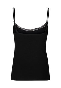 Svart tank top med tunna axelremmar, gjord av mjukt tyg, med spetsdetaljer vid halsringningen och en figurnära silhuett.