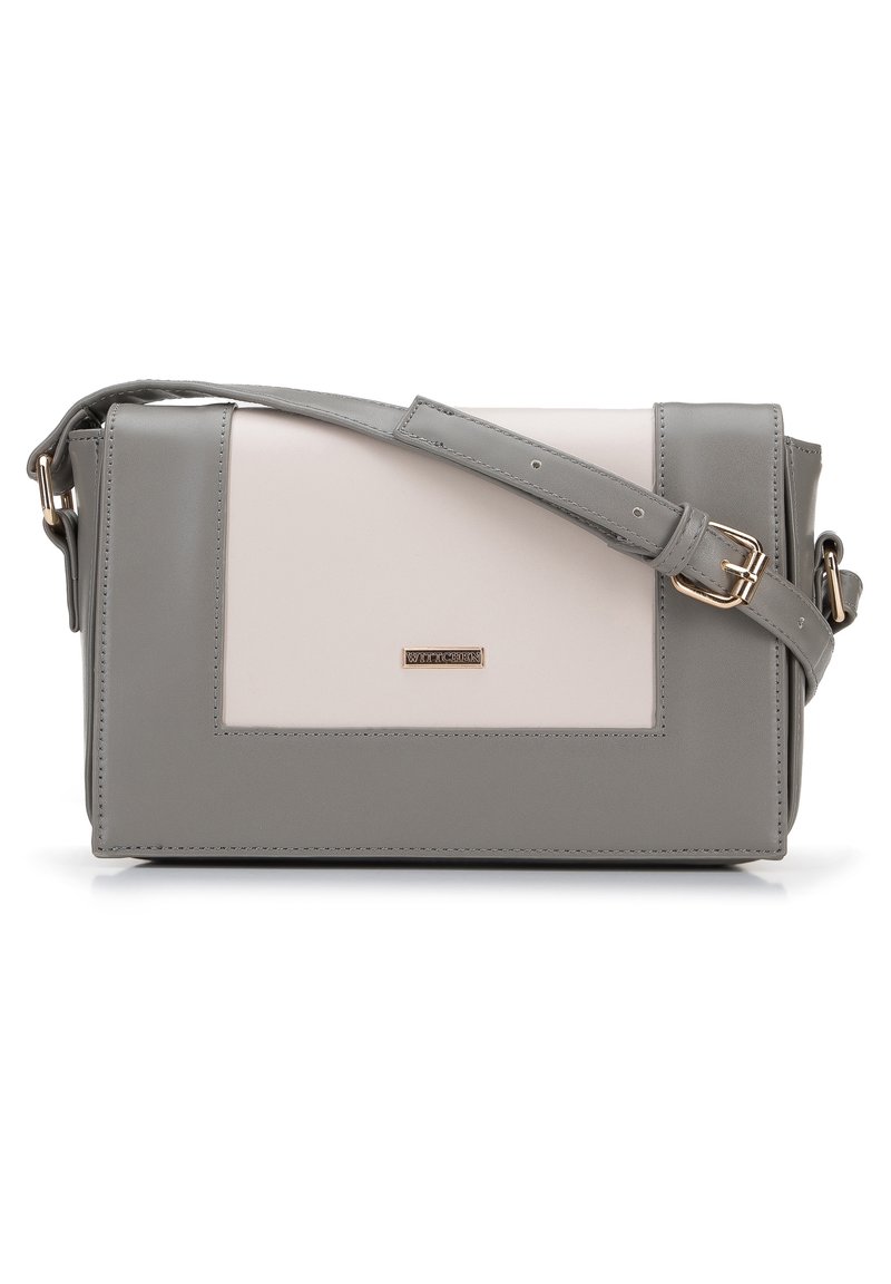 Borsa a tracolla rettangolare grigia e beige in ecopelle, con un accento in hardware dorato e una tracolla regolabile.